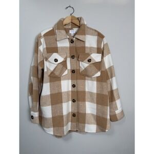 TIME & TRU Ladies Medium BUTTON-UP SHIRT SHACKET Tan White Fleece Flannel Jacket